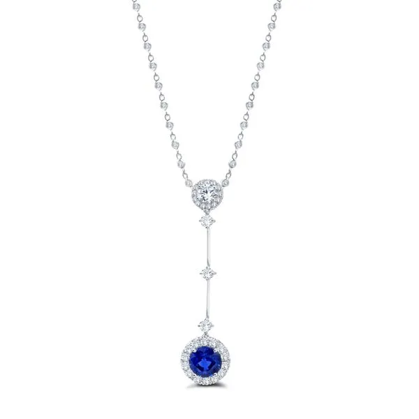 Uneek Precious Collection Halo Round Blue Sapphire Lariat Pendant Diamond Source Jewelers Greenwood Village, CO