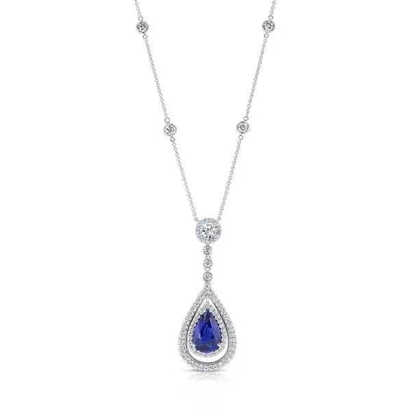 Uneek Precious Collection Double-Halo Pear Blue Sapphire Drop Pendant Diamond Source Jewelers Greenwood Village, CO