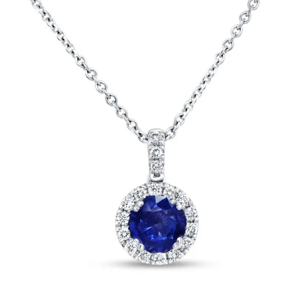 Uneek Precious Collection Halo Round Blue Sapphire Drop Pendant Quest Fine Jewelers Fairfax, VA