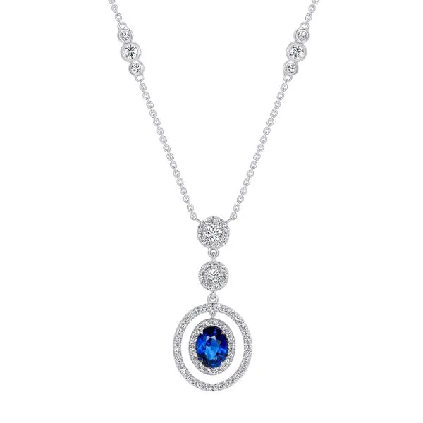 Uneek Precious Collection Halo Oval Blue Sapphire Drop Pendant Diamond Source Jewelers Greenwood Village, CO