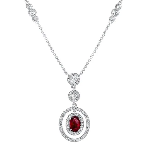 Uneek Precious Collection Halo Oval Ruby Dangle Necklace Quest Fine Jewelers Fairfax, VA