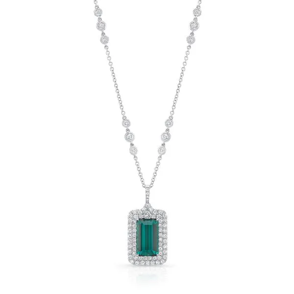 Uneek Precious Collection Double-Halo Emerald Green Tourmaline Drop Pendant Diamond Source Jewelers Greenwood Village, CO