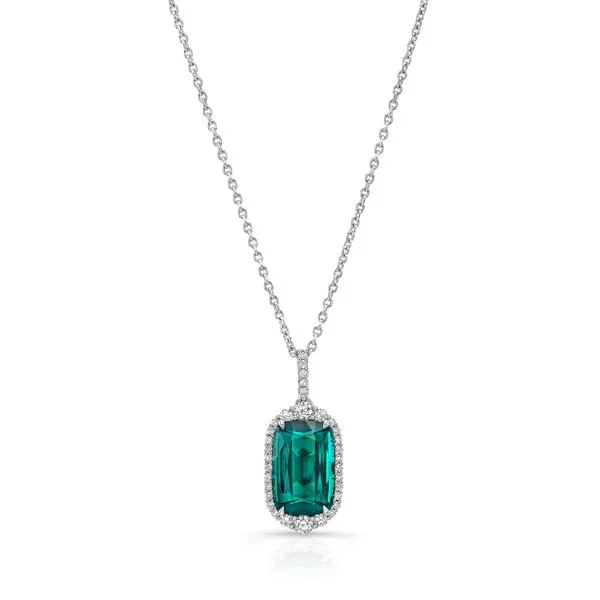 Uneek Precious Collection Halo Cushion Green Tourmaline Drop Pendant Diamond Source Jewelers Greenwood Village, CO