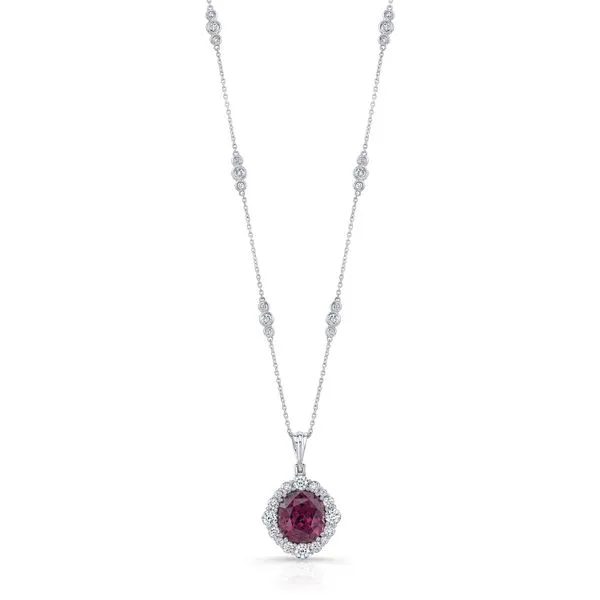 Uneek Precious Collection Halo Cushion Rhodolite Drop Pendant Diamond Source Jewelers Greenwood Village, CO