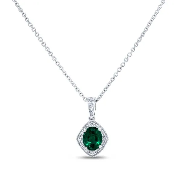 Uneek Precious Collection Halo Oval Emerald Drop Pendant Diamond Source Jewelers Greenwood Village, CO