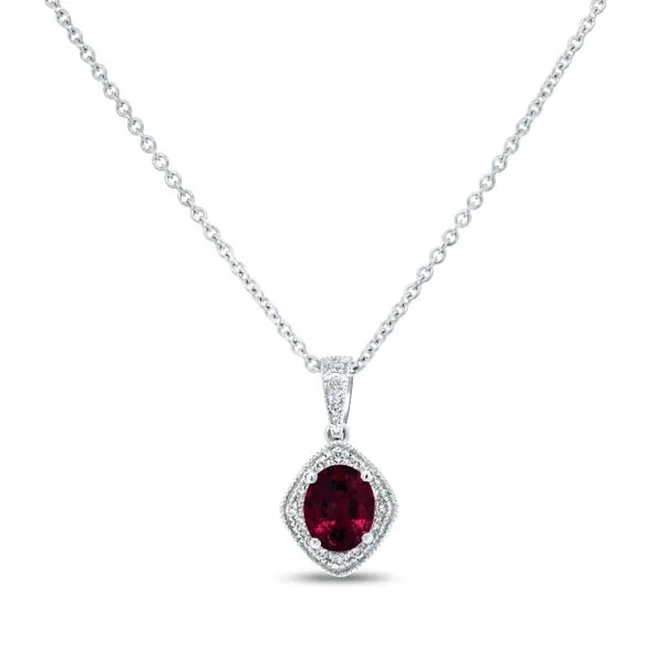 Uneek Precious Collection Halo Oval Ruby Drop Pendant Diamond Source Jewelers Greenwood Village, CO