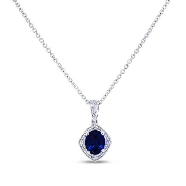Uneek Precious Collection Halo Oval Blue Sapphire Drop Pendant Diamond Source Jewelers Greenwood Village, CO