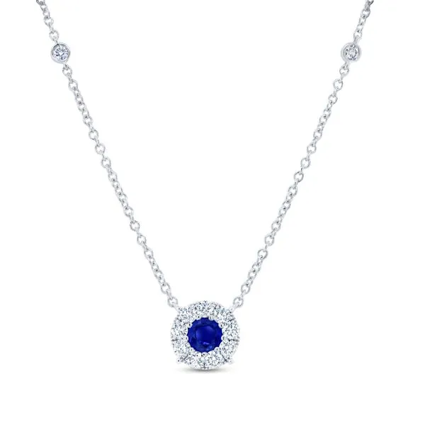 Uneek Precious Collection Halo Round Blue Sapphire Drop Pendant Diamond Source Jewelers Greenwood Village, CO