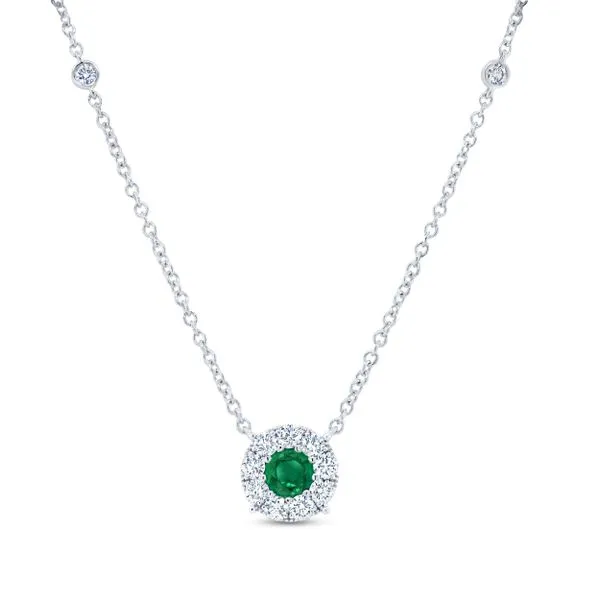 Uneek Precious Collection Halo Round Emerald Drop Pendant Diamond Source Jewelers Greenwood Village, CO
