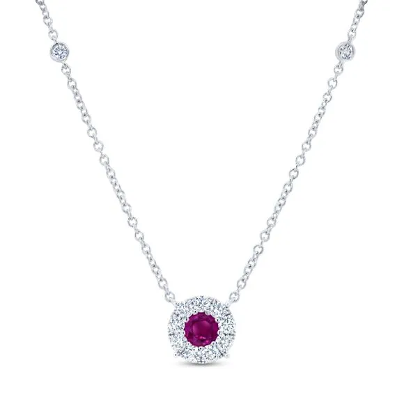 Uneek Precious Collection Halo Round Ruby Drop Pendant Diamond Source Jewelers Greenwood Village, CO