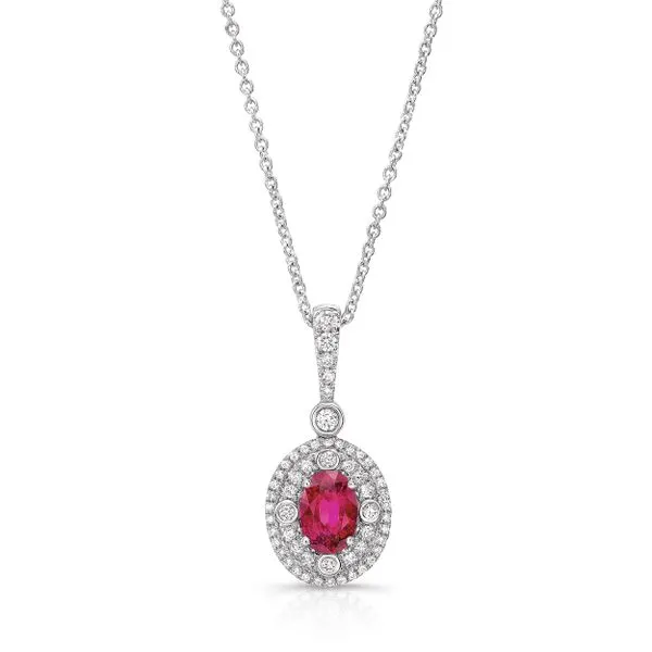 Uneek Precious Collection Halo Oval Ruby Drop Pendant Quest Fine Jewelers Fairfax, VA