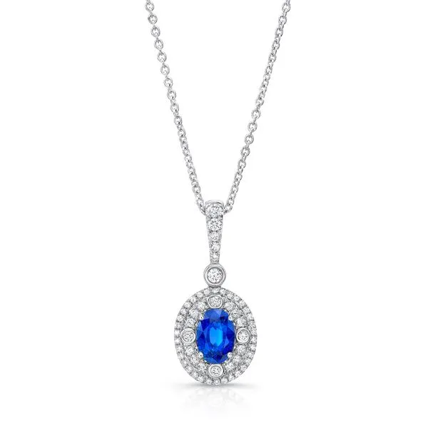 Uneek Precious Collection Halo Round Blue Sapphire Drop Pendant Quest Fine Jewelers Fairfax, VA