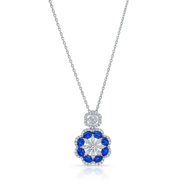 Uneek Precious Collection Halo Oval Blue Sapphire Drop Pendant Quest Fine Jewelers Fairfax, VA