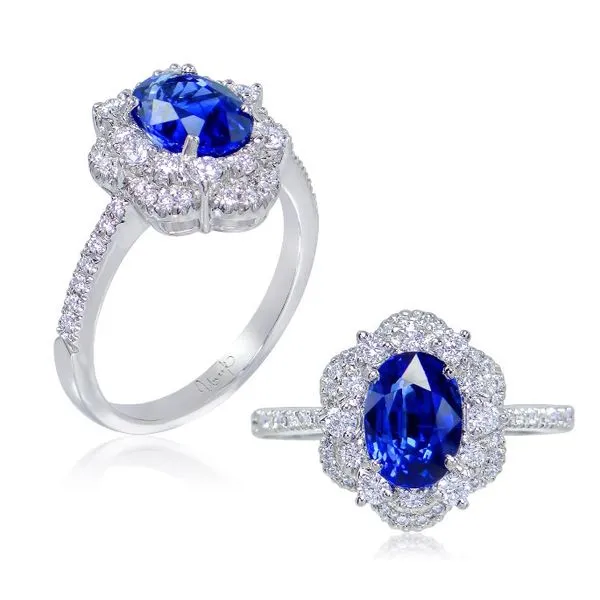 Uneek Precious Collection Double-Halo Round Blue Sapphire Engagement Ring Diamond Source Jewelers Greenwood Village, CO