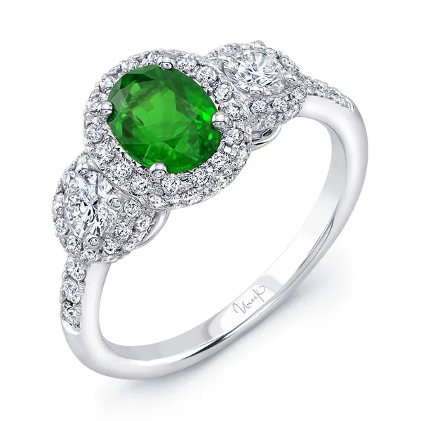 Uneek Precious Collection 3-Stone-Halo Oval Emerald Engagement Ring Diamond Source Jewelers Greenwood Village, CO