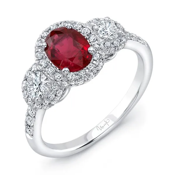 Uneek Precious Collection 3-Stone-Halo Oval Ruby Engagement Ring Diamond Source Jewelers Greenwood Village, CO
