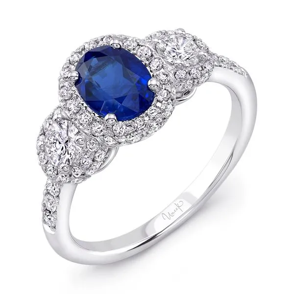 Uneek Precious Collection 3-Stone-Halo Oval Blue Sapphire Engagement Ring Quest Fine Jewelers Fairfax, VA