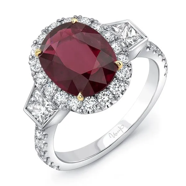 Uneek Precious Collection 3-Stone-Halo Oval Ruby Engagement Ring Diamond Source Jewelers Greenwood Village, CO