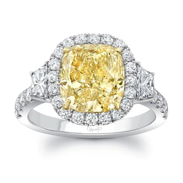 Uneek Natureal Collection 3-Stone-Halo Cushion Fancy Yellow Diamond Engagement Ring Diamond Source Jewelers Greenwood Village, CO