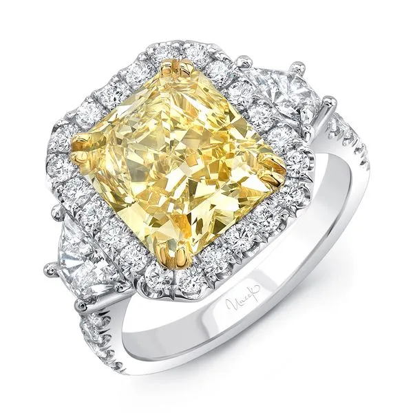 Uneek Natureal Collection 3-Stone-Halo Radiant Fancy Yellow Diamond Engagement Ring Diamond Source Jewelers Greenwood Village, CO