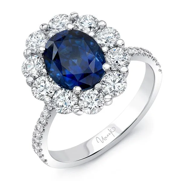 Uneek Precious Collection Halo Oval Blue Sapphire Engagement Ring Quest Fine Jewelers Fairfax, VA