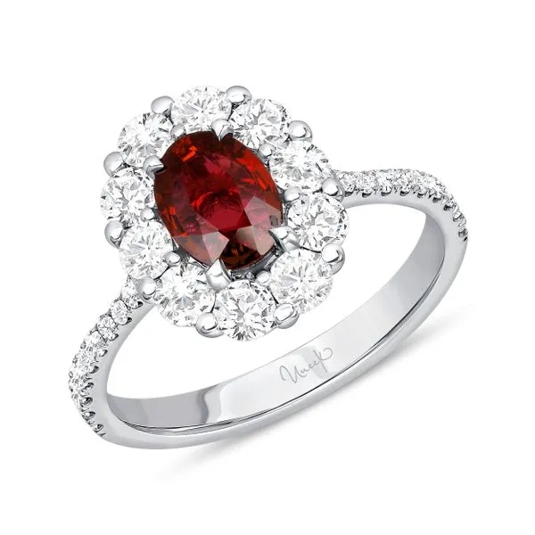 Uneek Precious Collection Halo Oval Ruby Engagement Ring Diamond Source Jewelers Greenwood Village, CO
