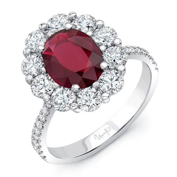 Uneek Precious Collection Halo Oval Ruby Engagement Ring Tracy Jewelers Spokane, WA
