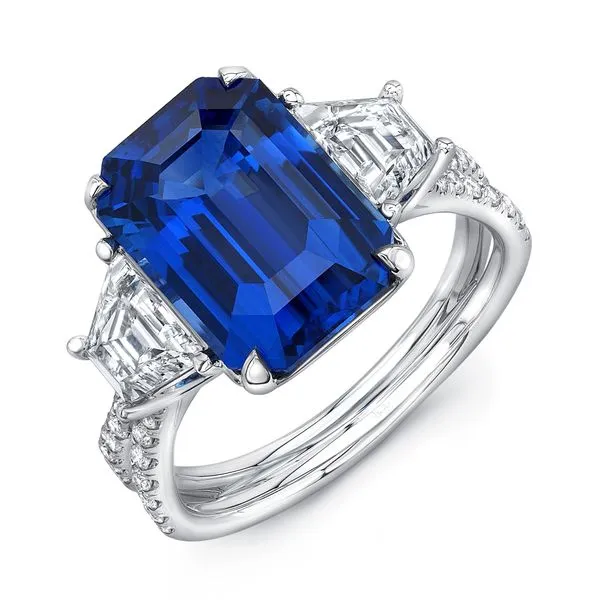 Uneek Precious Collection Three-Stone Emerald Blue Sapphire Engagement Ring Diamond Source Jewelers Greenwood Village, CO