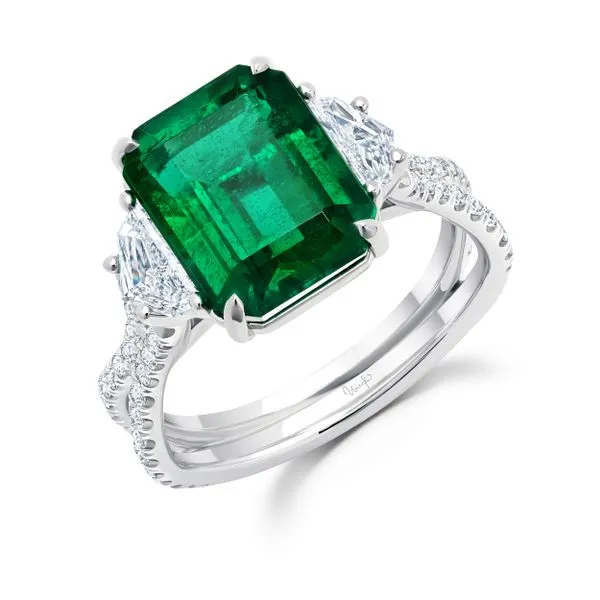 Uneek Precious Collection Three-Stone Emerald Emerald Engagement Ring Diamond Source Jewelers Greenwood Village, CO