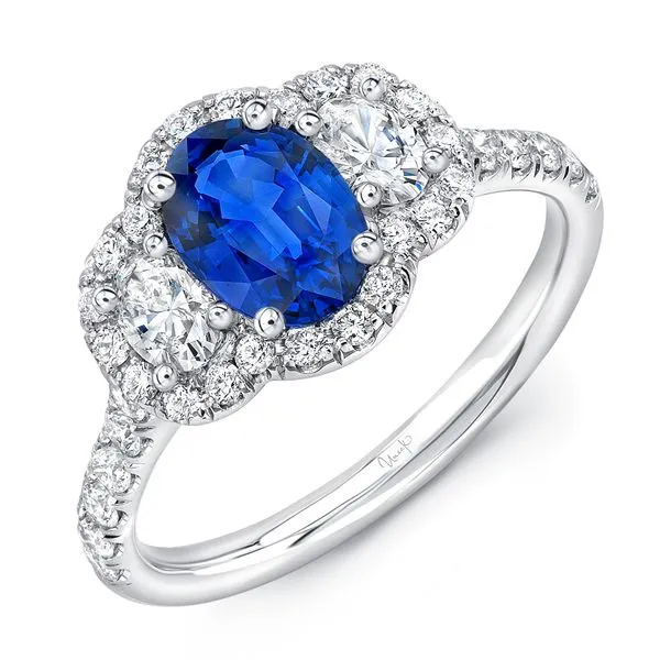 Uneek Precious Collection 3-Stone-Halo Oval Blue Sapphire Engagement Ring Diamond Source Jewelers Greenwood Village, CO