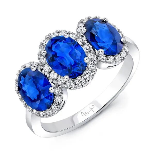 Uneek Precious Collection 3-Stone-Halo Oval Blue Sapphire Anniversary Ring Diamond Source Jewelers Greenwood Village, CO