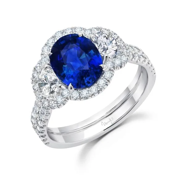 Uneek Precious Collection 3-Stone-Halo Oval Blue Sapphire Engagement Ring Diamond Source Jewelers Greenwood Village, CO