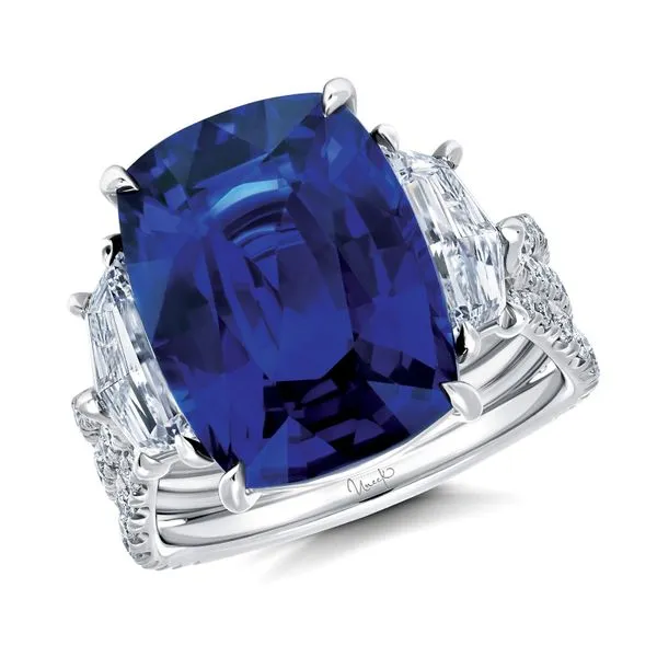Uneek Precious Collection Three-Stone Cushion Blue Sapphire Engagement Ring Quest Fine Jewelers Fairfax, VA
