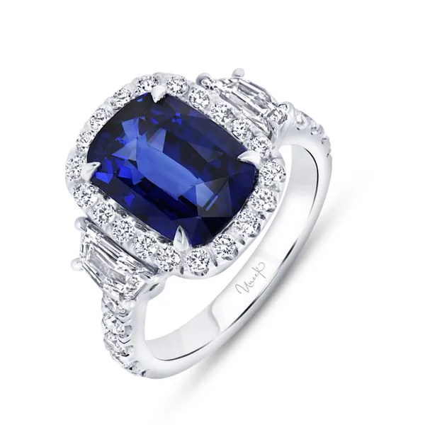 Uneek Precious Collection 3-Stone-Halo Cushion Blue Sapphire Engagement Ring Quest Fine Jewelers Fairfax, VA