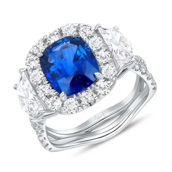 Uneek Precious Collection 3-Stone-Halo Cushion Blue Sapphire Engagement Ring Diamond Source Jewelers Greenwood Village, CO