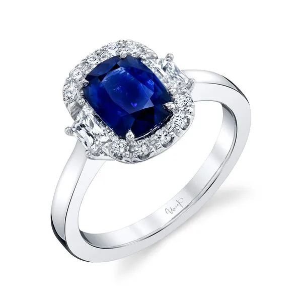 Uneek Precious Collection 3-Stone-Halo Cushion Blue Sapphire Engagement Ring Diamond Source Jewelers Greenwood Village, CO