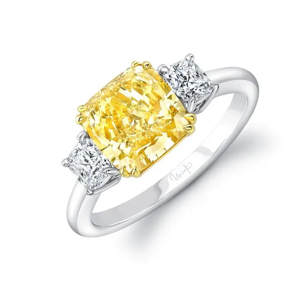 Uneek Natureal Collection Three-Stone Cushion Fancy Yellow Diamond Engagement Ring Diamond Source Jewelers Greenwood Village, CO