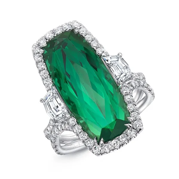 Uneek Precious Collection 3-Stone-Halo Cushion Green Tourmaline Engagement Ring Quest Fine Jewelers Fairfax, VA