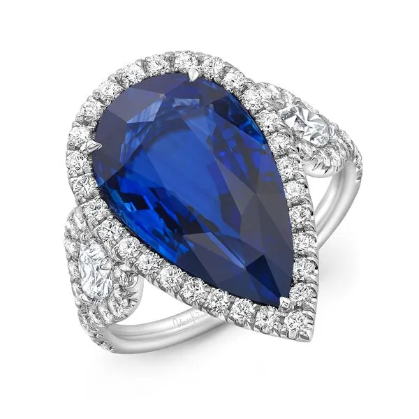 Uneek Precious Collection 3-Stone-Halo Pear Blue Sapphire Engagement Ring Diamond Source Jewelers Greenwood Village, CO