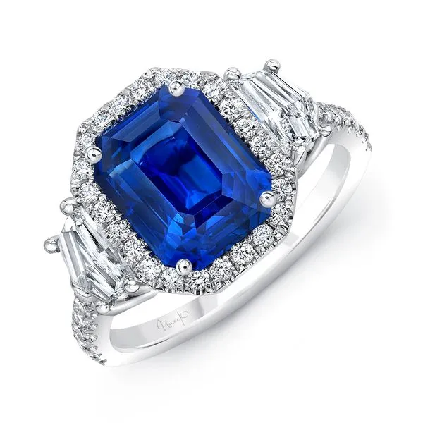 Uneek Precious Collection Halo Emerald Blue Sapphire Engagement Ring Diamond Source Jewelers Greenwood Village, CO