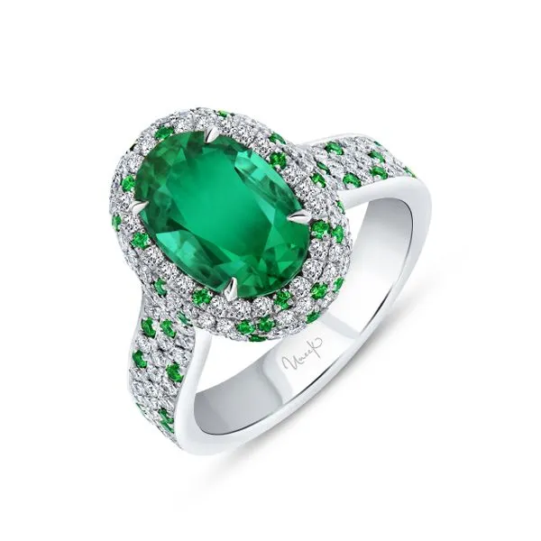 Uneek Precious Collection Halo Oval Emerald Engagement Ring Diamond Source Jewelers Greenwood Village, CO