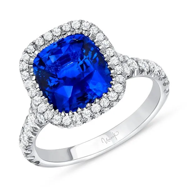 Uneek Precious Collection Halo Cushion Blue Sapphire Engagement Ring Quest Fine Jewelers Fairfax, VA