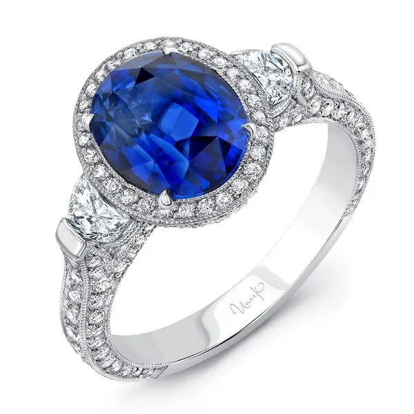 Uneek Precious Collection 3-Stone-Halo Oval Blue Sapphire Engagement Ring Diamond Source Jewelers Greenwood Village, CO