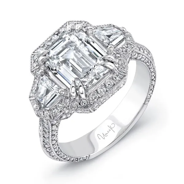 Uneek Signature Collection 3-Stone-Halo Emerald Diamond Engagement Ring Diamond Source Jewelers Greenwood Village, CO