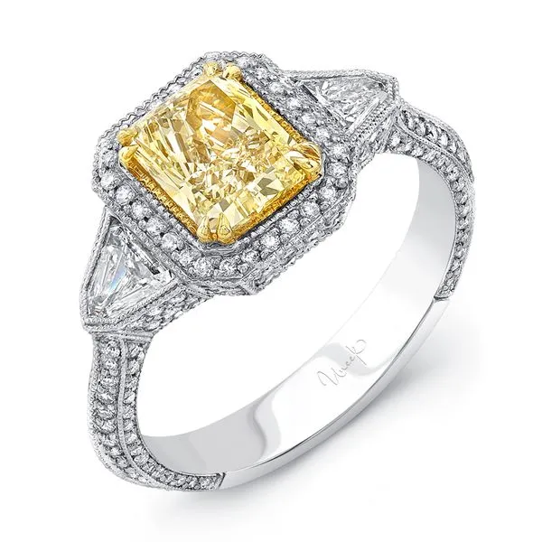 Uneek Natureal Collection 3-Stone-Halo Radiant Fancy Yellow Diamond Engagement Ring Diamond Source Jewelers Greenwood Village, CO