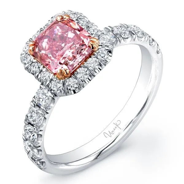 Uneek Natureal Collection Halo Radiant Pink Diamond Engagement Ring Diamond Source Jewelers Greenwood Village, CO