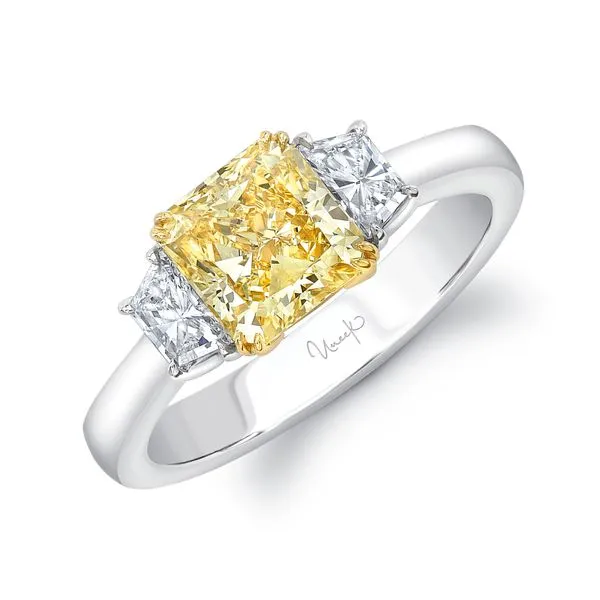 Uneek Natureal Collection Three-Stone Cushion Yellow Diamond Engagement Ring Diamond Source Jewelers Greenwood Village, CO