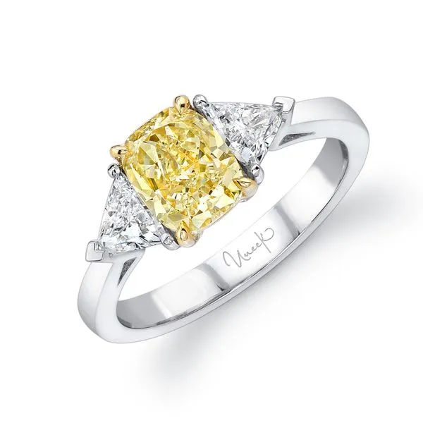Uneek Natureal Collection Three-Stone Cushion Fancy Yellow Diamond Engagement Ring Quest Fine Jewelers Fairfax, VA