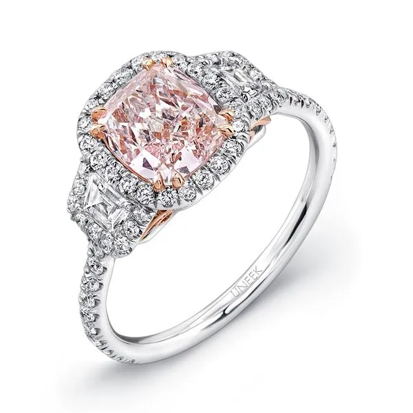 Uneek Natureal Collection 3-Stone-Halo Cushion Light Pink Diamond Engagement Ring Diamond Source Jewelers Greenwood Village, CO