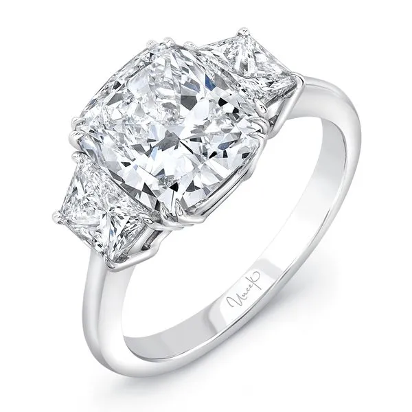 Uneek Signature Collection Three-Stone Cushion Engagement Ring Quest Fine Jewelers Fairfax, VA